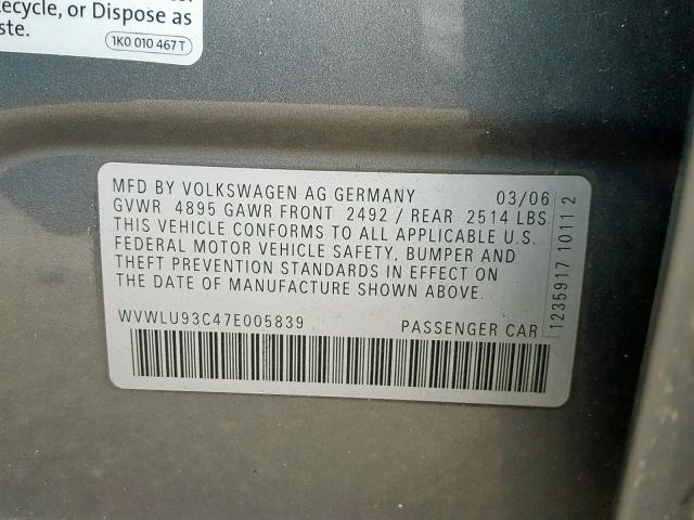 WVWLU93C47E005839 - 2007 VOLKSWAGEN PASSAT 3.6 GRAY photo 10