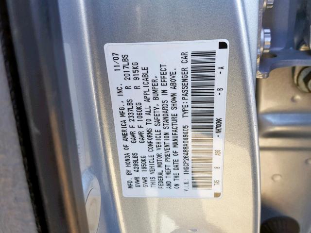 1HGCP26488A049405 - 2008 HONDA ACCORD LXP SILVER photo 10