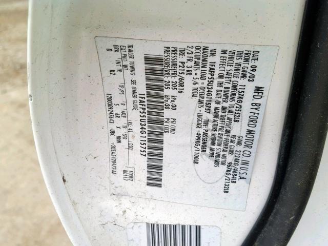 1FAFP55U34G115757 - 2004 FORD TAURUS SES WHITE photo 10