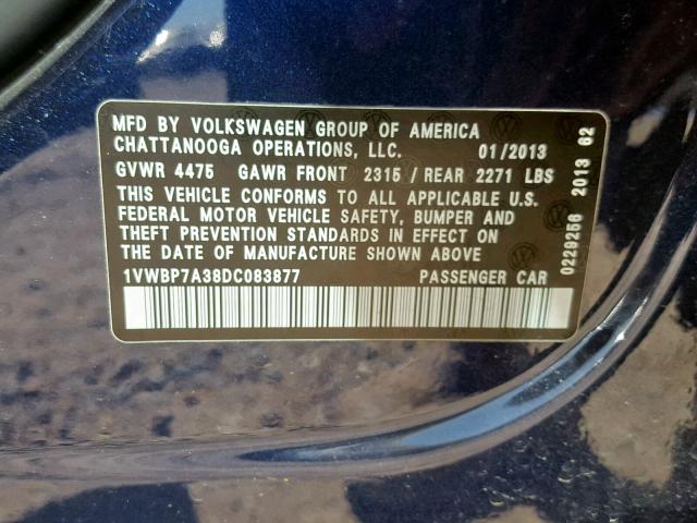 1VWBP7A38DC083877 - 2013 VOLKSWAGEN PASSAT SE BLUE photo 10