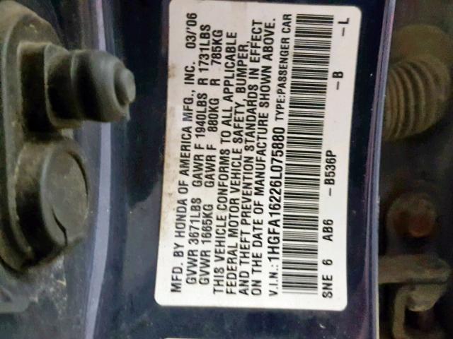 1HGFA16226L075880 - 2006 HONDA CIVIC DX BLUE photo 10