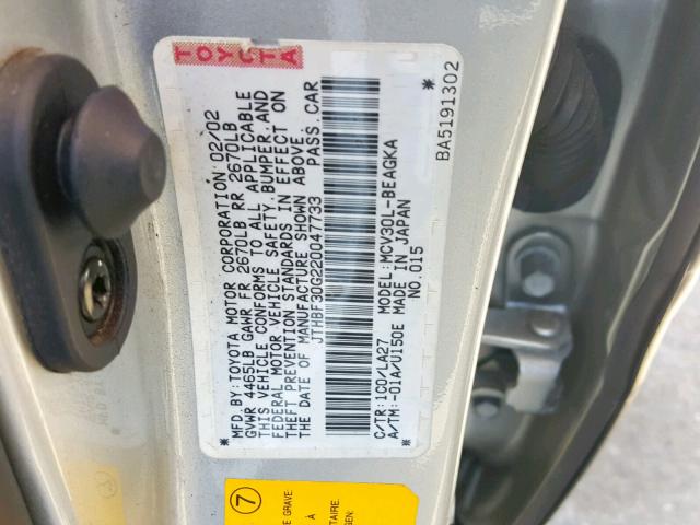 JTHBF30G220047733 - 2002 LEXUS ES 300 SILVER photo 10