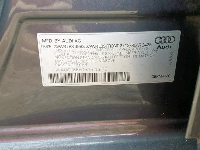 WAUGL68E05A518875 - 2005 AUDI NEW S4 QUA GRAY photo 10