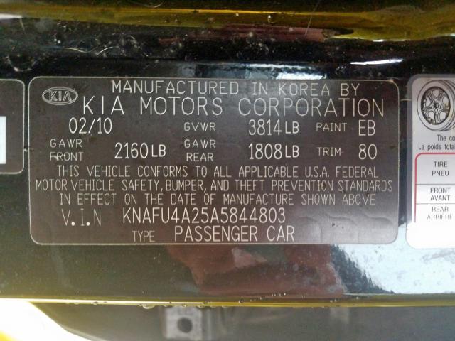 KNAFU4A25A5844803 - 2010 KIA FORTE EX  photo 10