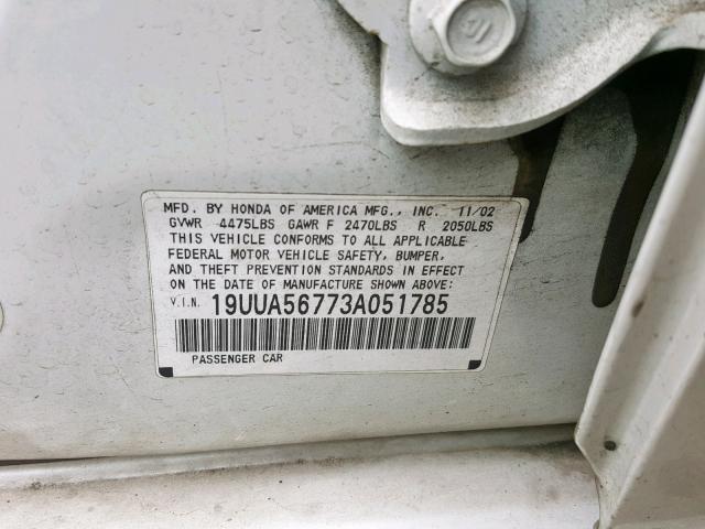 19UUA56773A051785 - 2003 ACURA 3.2TL WHITE photo 10