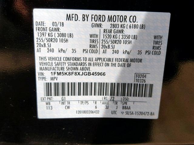 1FM5K8F8XJGB45966 - 2018 FORD EXPLORER L BLACK photo 10