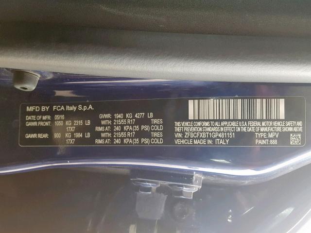 ZFBCFXBT1GP481151 - 2016 FIAT 500X EASY BLUE photo 10