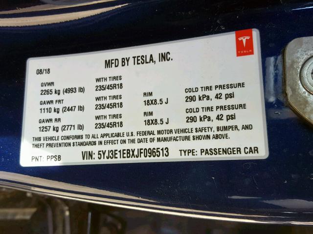 5YJ3E1EBXJF096513 - 2018 TESLA MODEL 3 BLUE photo 10