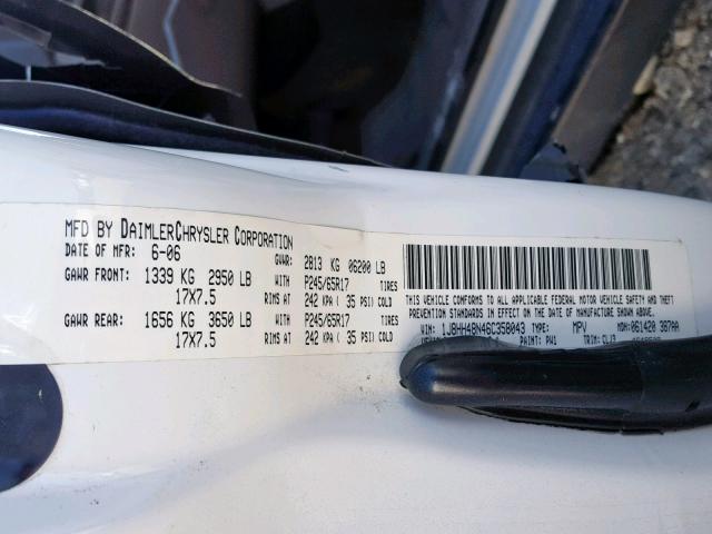 1J8HH48N46C358043 - 2006 JEEP COMMANDER WHITE photo 10