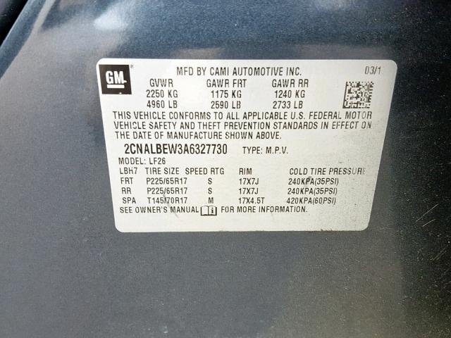 2CNALBEW3A6327730 - 2010 CHEVROLET EQUINOX LS GRAY photo 10