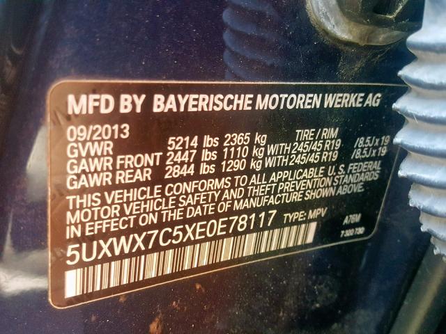 5UXWX7C5XE0E78117 - 2014 BMW X3 XDRIVE3 BLUE photo 10