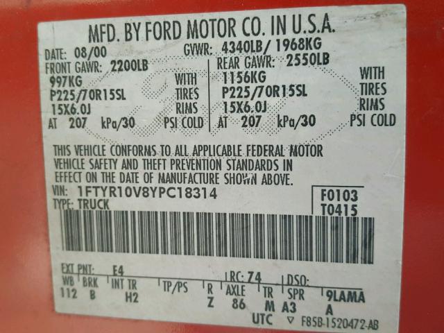 1FTYR10V8YPC18314 - 2000 FORD RANGER RED photo 10