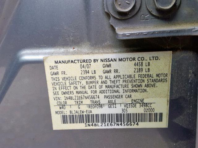 1N4BL21E67N456674 - 2007 NISSAN ALTIMA 3.5 SILVER photo 10