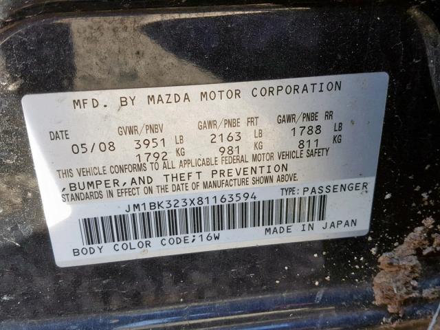 JM1BK323X81163594 - 2008 MAZDA 3 S BLACK photo 10