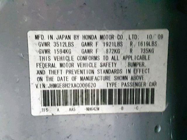 JHMGE8H2XAC006620 - 2010 HONDA FIT GRAY photo 10