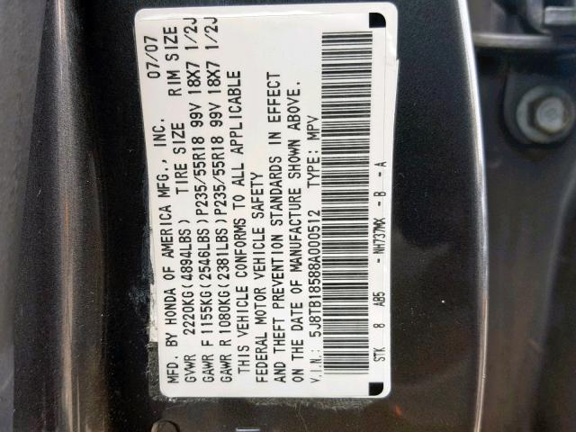 5J8TB18588A000512 - 2008 ACURA RDX TECHNO CHARCOAL photo 10