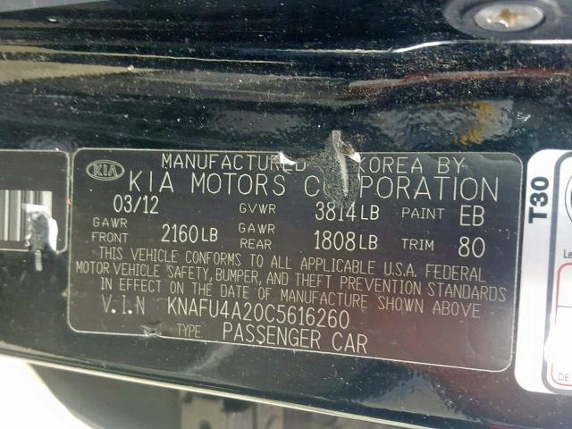 KNAFU4A20C5616260 - 2012 KIA FORTE EX BLACK photo 10