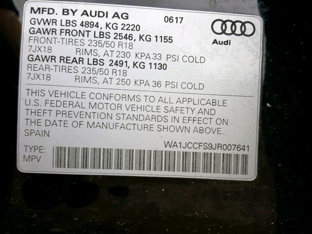 WA1JCCFS9JR007641 - 2018 AUDI Q3 PREMIUM BLACK photo 10