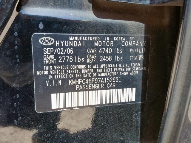 KMHFC46F97A152931 - 2007 HYUNDAI AZERA SE BLACK photo 10