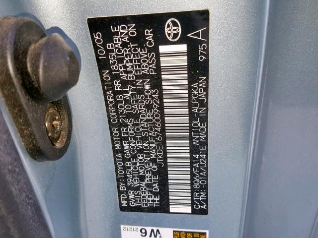 JTKDE167460099243 - 2006 TOYOTA SCION TC TEAL photo 10