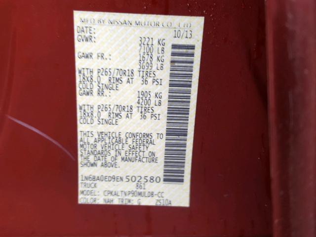 1N6BA0ED9EN502580 - 2014 NISSAN TITAN S RED photo 10