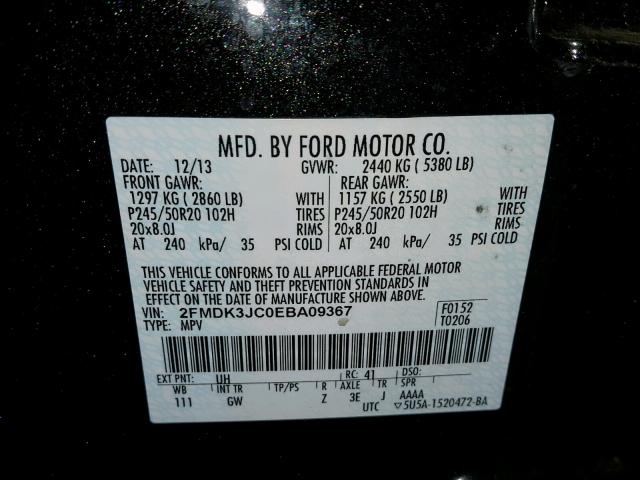 2FMDK3JC0EBA09367 - 2014 FORD EDGE SEL BLACK photo 10