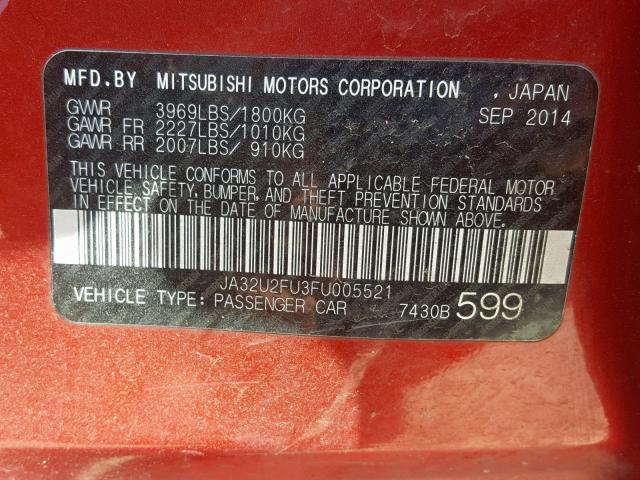 JA32U2FU3FU005521 - 2015 MITSUBISHI LANCER ES RED photo 10