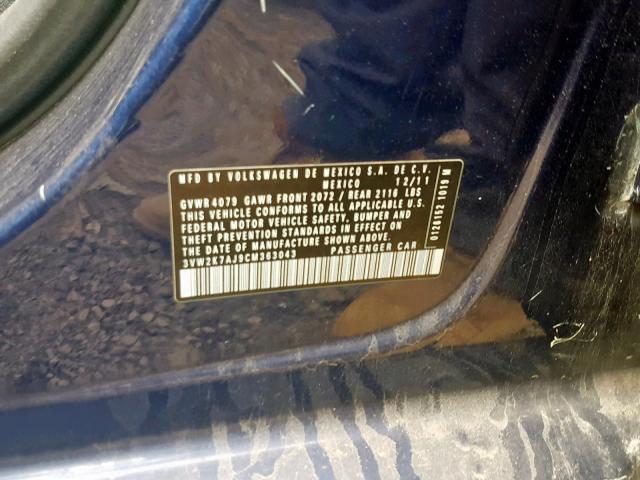 3VW2K7AJ9CM363043 - 2012 VOLKSWAGEN JETTA BASE BLUE photo 10