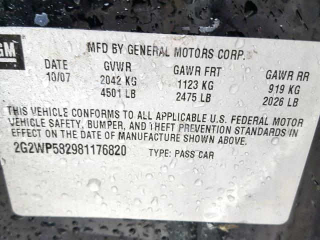 2G2WP582981176820 - 2008 PONTIAC GRAND PRIX BLACK photo 10