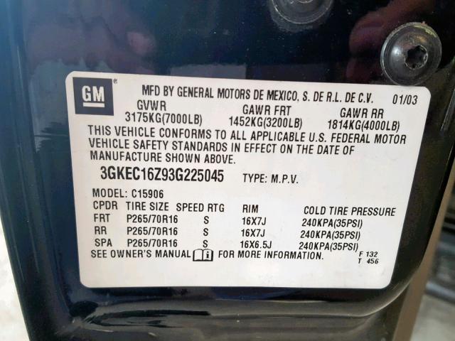 3GKEC16Z93G225045 - 2003 GMC YUKON XL C BLACK photo 10