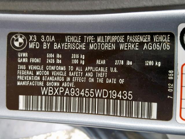 WBXPA93455WD19435 - 2005 BMW X3 3.0I BLUE photo 10