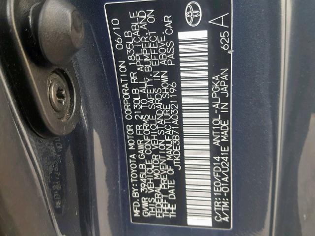 JTKDE3B71A0321196 - 2010 TOYOTA SCION TC ნაცრისფერი ფოტო 10