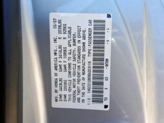 1HGCS12808A003116 - 2008 HONDA ACCORD EXL SILVER photo 10