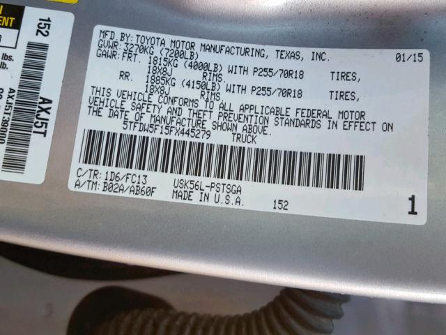 5TFDW5F15FX445279 - 2015 TOYOTA TUNDRA CRE SILVER photo 10