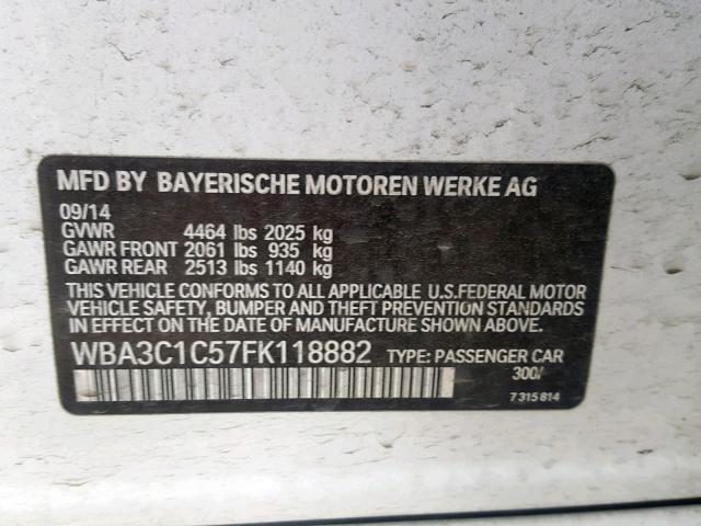 WBA3C1C57FK118882 - 2015 BMW 328 I SULE WHITE photo 10