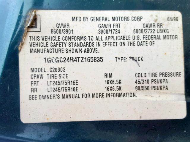 1GCGC24R4TZ165835 - 1996 CHEVROLET GMT-400 C2 GREEN photo 10