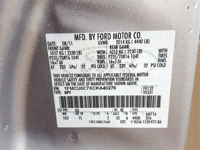 1FMCU0C7XCKA40276 - 2012 FORD ESCAPE XLS  photo 10