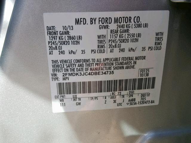 2FMDK3JC4DBE34735 - 2013 FORD EDGE SEL SILVER photo 10