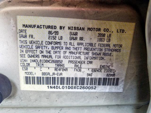 1N4DL01D0XC260052 - 1999 NISSAN ALTIMA XE  photo 10