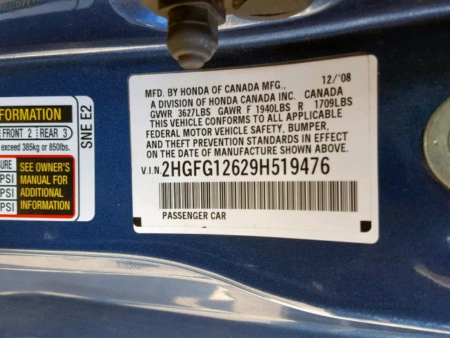 2HGFG12629H519476 - 2009 HONDA CIVIC LX BLUE photo 10