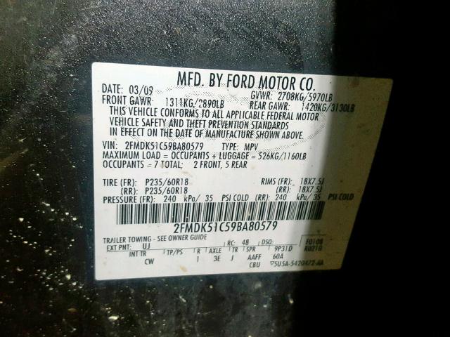 2FMDK51C59BA80579 - 2009 FORD FLEX SE GRAY photo 10