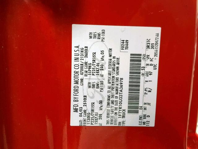 1FTYR10U33TA36978 - 2003 FORD RANGER RED photo 10