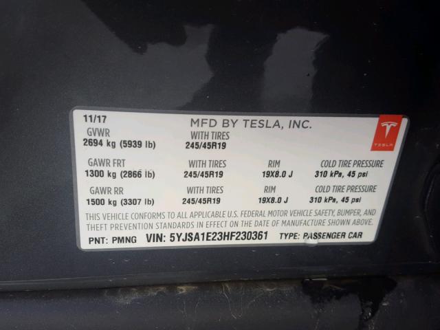 5YJSA1E23HF230361 - 2017 TESLA MODEL S GRAY photo 10