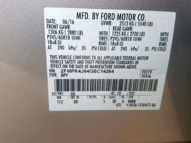 2FMPK4J94GBC14264 - 2016 FORD EDGE SEL SILVER photo 10