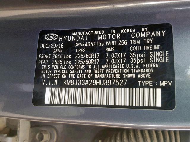 KM8J33A29HU397527 - 2017 HYUNDAI TUCSON LIM GRAY photo 10