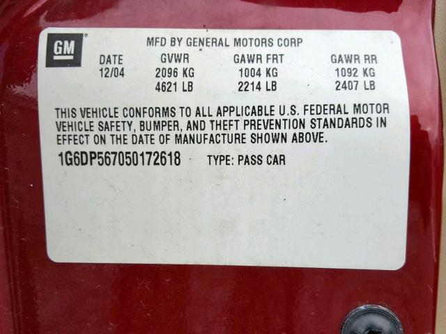 1G6DP567050172618 - 2005 CADILLAC CTS HI FEA RED photo 10