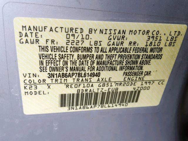 3N1AB6AP7BL614940 - 2011 NISSAN SENTRA 2.0 SILVER photo 10