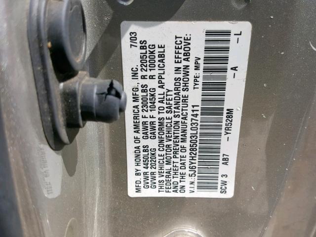 5J6YH28503L037411 - 2003 HONDA ELEMENT EX GRAY photo 10