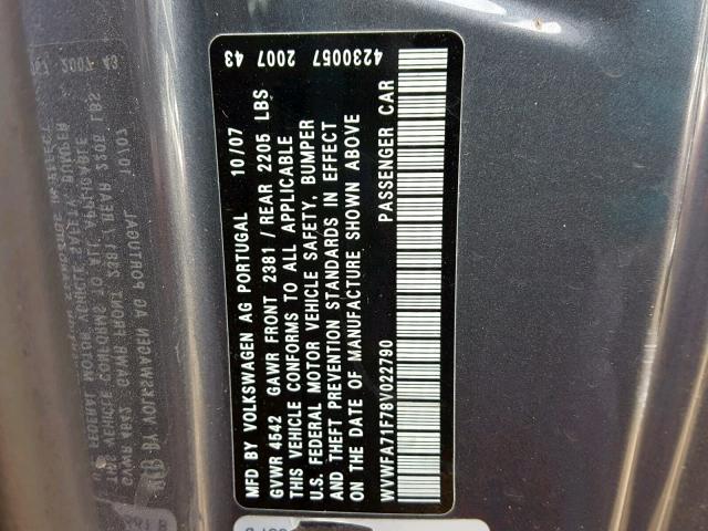 WVWFA71F78V022790 - 2008 VOLKSWAGEN EOS LUX 灰色 照片 10