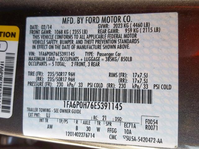 1FA6P0H76E5391145 - 2014 FORD FUSION SE BLACK photo 10